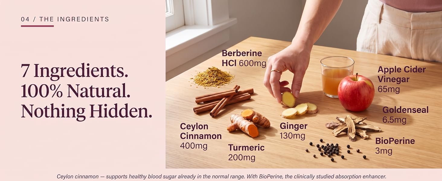 Berberine 600mg Ceylon cinnamon 400mg turmeric ginger apple cider vinegar goldenseal BioPerine