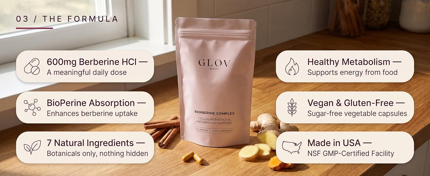 GLOV Berberine Complex pouch with 600mg Berberine HCl, BioPerine, 7 botanicals, vegan, made in USA